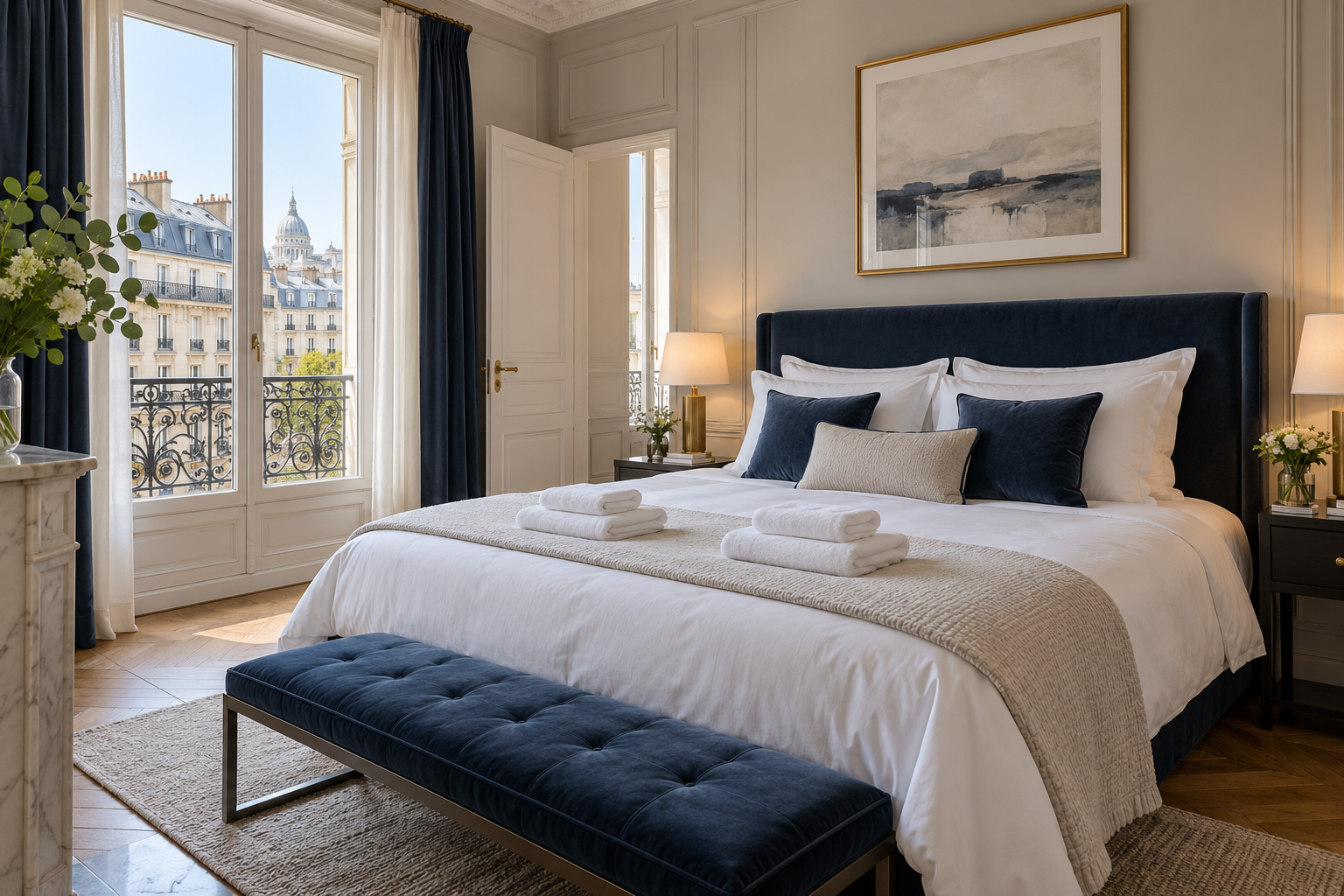 Chambre préparée avec linge blanc et serviettes pliées