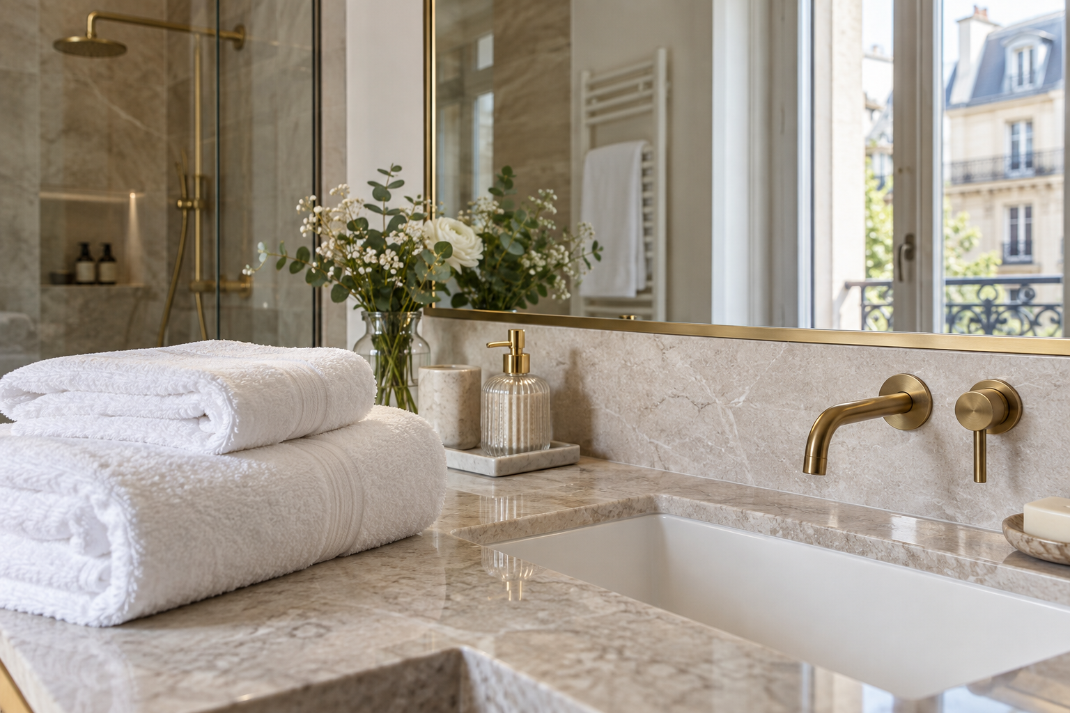 Salle de bains préparée avec des serviettes blanches pliées